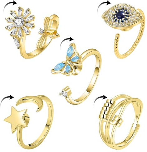 Hifot 5 Anxiety Spinner Ring Gold Damen Verstellbar Anti Stress Ringe Set, Angst Fidget Ring Schmetterling Kristall Blume Sterne Mond Stressring Finger Skill Ringe für Mädchen Herren ADHS Geschenke