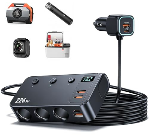Prise Allume Cigare, 9 en 1 226W Adaptateur Allume Cigare USB avec 3 Prises, 2 Ports USB-C PD et 4 Ports USB, Chargeur Allume Cigare USB pour Voiture 12V-24V, Affichage LED de Tension