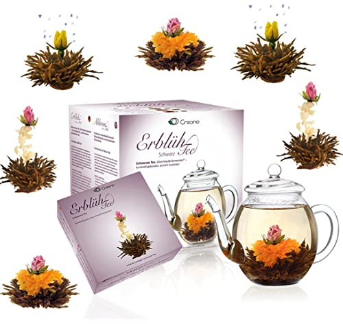 Creano - fleurs de thé - Coffret cadeau avec théière en verre | Thé noir 6 thés fleuris en (3 sortes différentes de roses de thé)