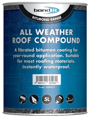 Bond-It All weather roofing compound - 5 litre - waterproof coating for common roofing surfaces including mastic asphalt, roofing felt, corrugated iron, fibre cement, slates, lead, copper, tin & zinc - resists extremes of temperature.