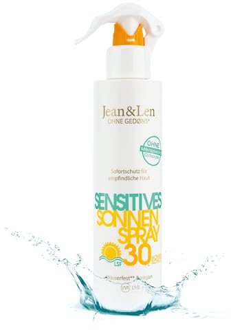 Jean & Len Sensitiv Sonnenspray 30 LSF wasserfest, für empfindliche Haut, ohne Silikone, Nanopartikel, Octocrylen, Mikroplastik, Mineralöl, Duft- & Farbstoffe, vegan, Sonnencreme Spray 250 ml