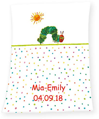 SL-Store GbR Soft Babydecke mit Namen Datum Bestickt Decke 75x100 cm Raupe Nimmersatt Geschenk zur Taufe zur Geburt Kinderdecke