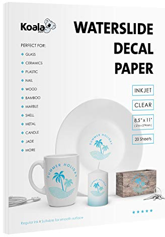 Koala Waterslide Decal Paper INKJET CLEAR, 20 Sheets 8.5x11 Inch Water Slide Transfer Paper Transparent Printable Waterslide Paper for DIY Tumbler, Mug, Nails