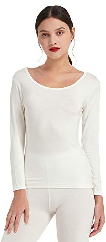 Mcilia Camiseta Interior para Mujer de Capa Térmica Modal de Manga Larga con Cuello Redondo Bajo Marfil Blanco Medium (EU 40 42)