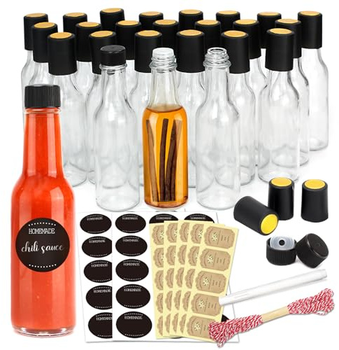 gmisun Hot Sauce Bottles 5 oz, 24 Pack Vanilla Extract Bottles with Shrink Capsules, Glass Woozy Bottle with Labels, Funnel, Caps, Dripper Inserts, for Homemade Hot Sauces, Dressing