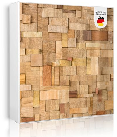 banjado Großer Schlüsselkasten Metall - Schlüsselbox 30x30cm beschreibbarer mit 32 Haken - Schlüsselkasten modern für Schlüsselaufbewahrung - Korpus Weiß Scharnier Rechts - Motiv Hölzernes Flickwerk