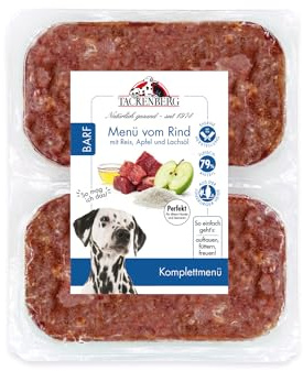 TACKENBERG Barf Menü mit Rinderfleisch, Reis, Apfel & Lachsöl für Hunde 28 x 500 g (14 kg) - leckeres Frostfleisch als Hundefutter in Premiumqualität - ohne Zuckerzusatz - Gefrierfutter