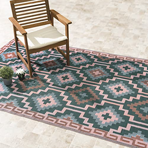 FAB HAB Outdoor-Teppich - wetterfest, farbecht, wendbar - recycelter Premium-Kunststoff - Vintage Boho Kelim - Terrasse, Balkon, Garten, Flur, Bad - Läufer Lhasa Grün, 90x150 cm