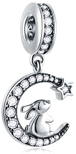 Dangle Bunny on Crescent Moon Charms, Fit Pandora Easter Bracelet Animal Necklace, 925 Sterling Silver Rabbit Pendant Beads with Sparkling CZ, Gift for Wife/Sister/Mom Birthday