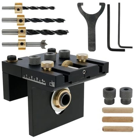 Drill Press 3 in 1 Adjustable Pocket Wood Dowel Jig Drill Kit with 6/8/10mm Drill Bit Woodworking Drilling Guide Positioner Punch Locator for Fast and Accurate Installation of Door and Dra
