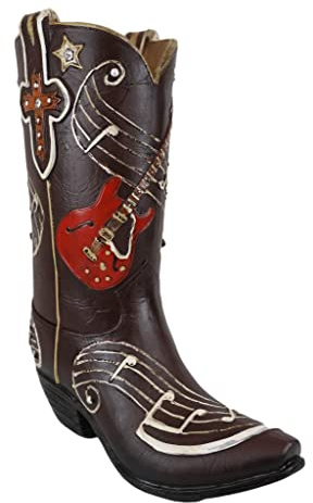 Ebros Gift Wild West Faux Tooled Leather Cowgirl Cowboy Boot with Western Star Cross Guitar and Musical Notes Chords Desktop Floral Vase Planter Sculpture Rustic Accent Boots Figurine