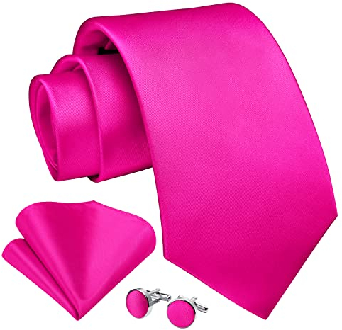 Enlision Rosa Pink Krawatte Herren Fuchsia Hochzeit Krawatten und Einstecktuch mit Manschettenknöpfe Set Elegant Einfarbig Seidenkrawatte mit Taschentuch Business Party