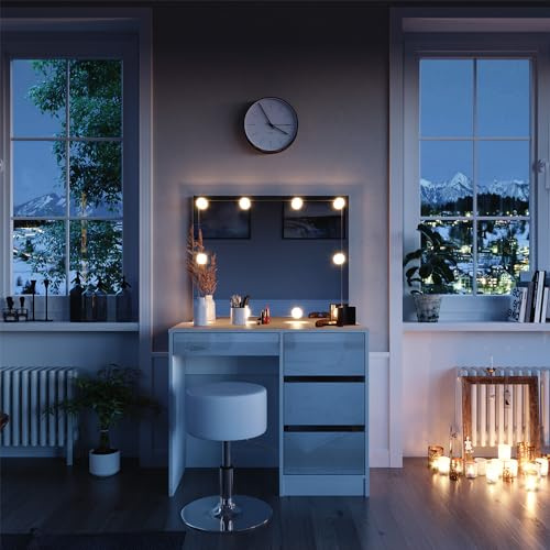 Vicco Schminktisch Sherry, Weiß, 90 cm | mit LED Beleuchtung und Hocker, mit LED-Beleuchtung und gepolsterter Sitzbank