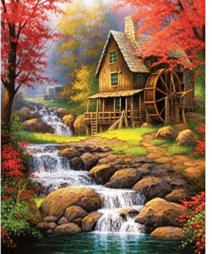 Tucocoo Cottage Wasserrad Malen nach Zahlen Kits mit Pinseln und Acryl-Pigment auf Leinwand Malerei für Erwachsene Wasserfall Landschaften Bilder für Zuhause Wanddekoration Geschenke(DIY gerahmt)