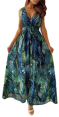 SEEKWISH Robes Longue Femme Ete de Plage Florales Col en V sans Manches, Vert, L