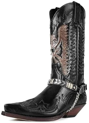 DJFOG Bottes de Cowboy occidentales brodées rétro pour Hommes, Bottes mi-Mollet résistantes à l'eau, Harnais à Bout Pointu, Bottes de Moto