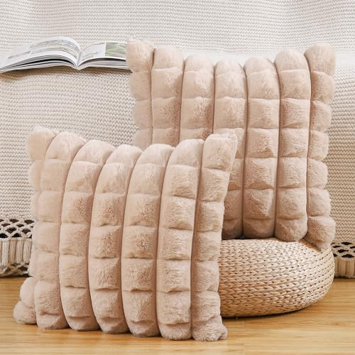 Madizz 2er Set Kunstpelz Plüsch Dekorative Kissenbezüge Gestreifte Weich Dekorative Kissenbezug für Sofa Schlafzimmer Kissen Shell Kamel 50 x 50 cm