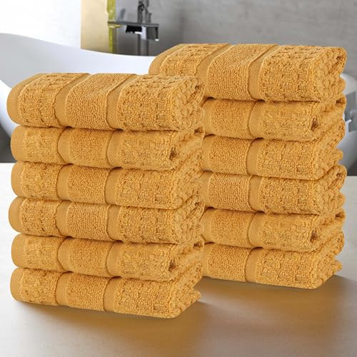 Superior Cotton Face Towel/Washcloth Set, Zero Twist, Waffle Border, Small Facial Towels, Spa, Hotel, Guest, Home, Bathroom Basics, Plush Soft Absorbent, Luxury Quick Drying, Set of 12, Gold