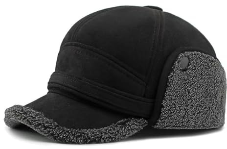 MUYAN Baseball Cap mit Ohrenklappen Herren PU Leder Schirmmütze mit Nackenschutz Winddicht Warm Wintermütze (Wildleder Optik- Schwarz - 60cm)