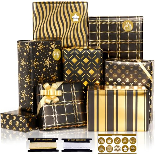 Lot de 6 rouleaux de papier cadeau d'anniversaire - Noir et doré - Pour enfants et adultes - Pour anniversaire, Saint-Valentin, mariage, baby shower, 50 x 70 cm