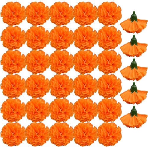 NYGGTYK Lot de 35 têtes d'œillets artificielles, fleurs simulées, têtes séchées décoratives, adaptées pour les centres commerciaux, les fêtes, les décorations de maison et de mariage (orange)