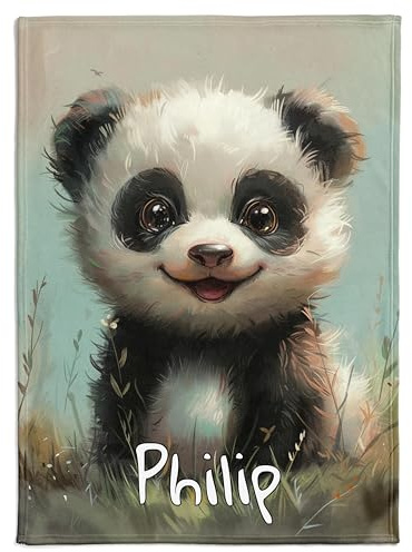 Personalisierte Babydecke mit Namen und Datum - Kuschelige Meilensteindecke aus Minky-Fleece, Ideal als Geburtsgeschenk (Panda)