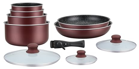 HAGEN, Pentole con rivestimento in pietra, Manico rimovibile, 10 pezzi, Bordeaux, Rivestimento antiaderente, Tutti i bruciatori, induzione inclusa, HA04647