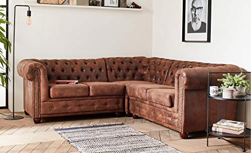 Lisa Design - Canapé Chesterfield d'angle Winston en Microfibre - Sofa Marron 5 Places - Salon Industriel/Vintage/Rétro