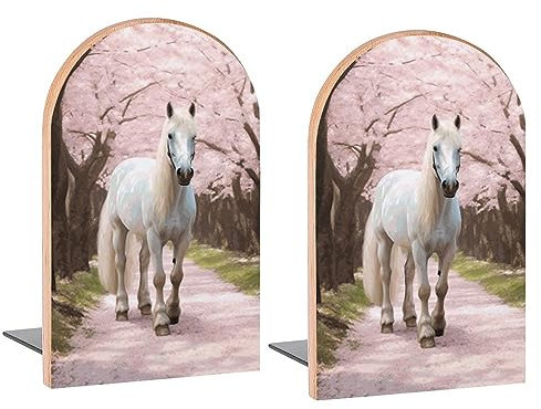 Buchstützen mit weißem Pferd, dekorative Holz-Buchstützen für Regale, Zimmer, Schreibtisch, Heimbüro, Buchstopper für Zeitschriften, Bücher, DVDs, 2 Stück
