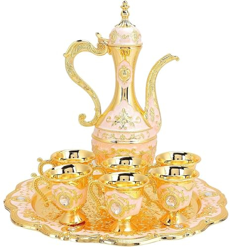 SUPBEI Ensemble de Cafetière Turque Vintage pour 6, Y Compris Plateau et Théière en Argent avec Pierres de Cristal, Service à Thé Turc en Métal pour Cadeau de Mariage