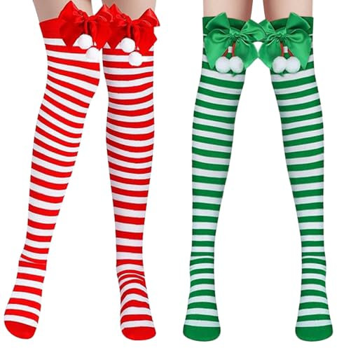 YIZHIXIANGQ Calzini Natalizi Lunghi, 2 Paia Calzini Lunghi per Natale, Verde e Rosso, Calze al Ginocchio con Fiocco, Calzini Alti Natalizi per Donne, Bambina