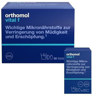 Orthomol Vital f für Frauen - bei Müdigkeit - mit B-Vitaminen, Omega-3-Fettsäuren und Magnesium - Orangen-Geschmack - Granulat/Tabletten/Kapseln, 30 St. Tagesportionen mit 3 Tagesportionen gratis