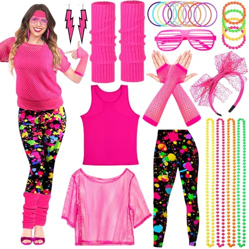 Vautvis 80er Jahre Outfit Damen, 80er Retro Party Outfit Damen, 80er 90er Outfit Damen, Disco Festival Outfit Damen, 80er Jahre Kleidung Mit Netzshirt Damen, Leggings, Stirnband, Ohrringe (M)