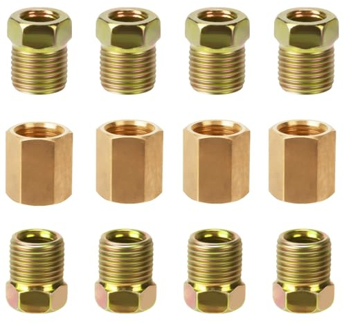 1/4 Bremsleitungsdruckarmaturen, 12 Stück 7/16 Zoll-24 Gewinde Messing Bremsleitung Fitting Sortiment für 1/4 Zoll Bremsleitungsrohr (4 Unions, 8 Muttern)