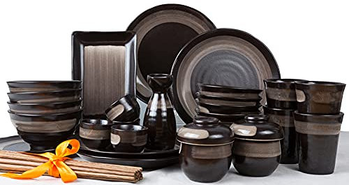 IUBGFTO Set di stoviglie in gres da 38 Pezzi in Stile Giapponese con Piatti Rotondi e Ciotole Set da tavola per la casa con caraffa per Sake e Servizio di Tazze per 4 Persone Grigio