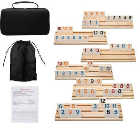 JEVERGN Rummy Cube Spiel 6 Spieler Edition, 160 Spielsteine Rommé-Spiel mit 6 Holzregalen, Reisespiel-Set mit tragbarer Hülle, Fit für Familien-Klassiker Brettspiele
