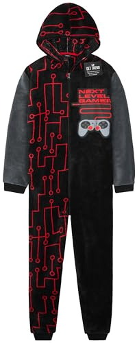 Get Trend Schlafoverall Kinder & Teenager, Fleece Pyjama Overall mit Kapuze, Gamer Onesie Schlafanzug, Geschenk für Jungen (13-14 Jahre, Schwarz Gaming)
