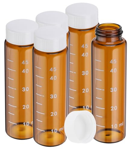 PATIKIL Petits flacons à échantillons en verre avec couvercles, 5 pièces Flacons en verre ambré de 50ml avec bouchons à vis blancs Mini bouteilles étanches pour réactifs avec