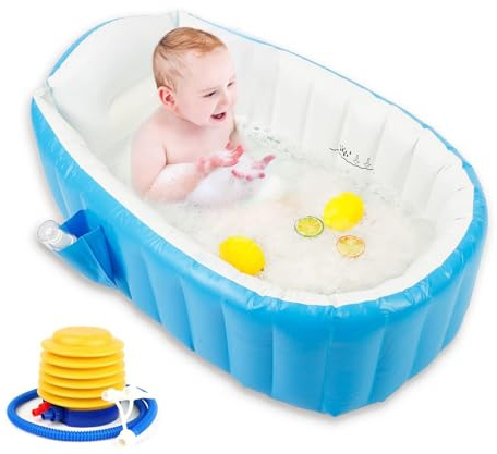 Inflatable Baby Bath Tub – Portable & Foldable Toddler Bath Tub with Air Pump, Non-Slip Travel Baby Bath Mini Air Swimming Pool, Safe & Comfortable Baby Bath for Newborns, Blue