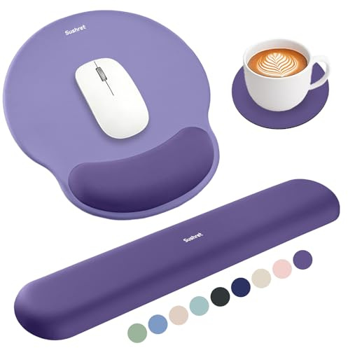 Sushret Mauspad & Tastatur Handballenauflage Set, Memory-Schaum + Gelkissen | 3-in-1 Ergonomisches Handgelenkstützen-Set, rutschfest & Slow-Rebound, Mousepad mit Handauflage, Büro & Gaming，Lila