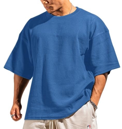 Muscle Alive Hombres Básico Manga Larga Gofre Sudaderas Camisa de Entrenamiento Ajuste Holgado Ejercicio Pull-Over Camisa de Cuello Redondo