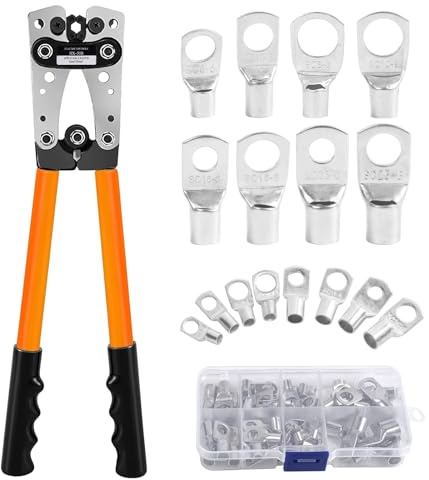 Polegas HX-50B Battery Cable Crimping Tool Kit for 6/10/16/25/35/50 mm², Wire Crimping Tool with 60 PCS Copper Ring Terminals, Battery Cable Lug Crimper for Electrical Lug Crimper, Copper Lugs