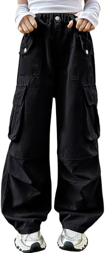 SEAUR Cargo byxor flickor jeans Baggy Y2K hip hop byxor multifickor cargobyxor barn streetwear jeans med elastiskt midjeband – 120–170 = (EU 110–164), svart, 140-146