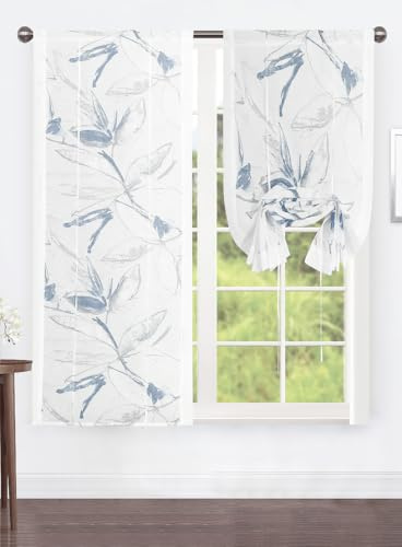 HOME ZEN Coppia Tende Trasparenti Floreali, Set 2 Pezzi, 60x150 cm e 60x240 cm, con Passanti, tendine a pacchetto art.ERA (Blu, 60x150 cm)