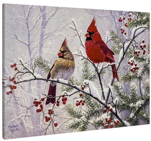 Cardinals LED Lighted Canvas Pictures Wall Art w/ 6H Timer, Optical Fiber Lights Lit Up Painting Run by Batteries, Cardinal Couple on Snowy Branch w/Berries Winter Landscape Print 24x16 inch Framed