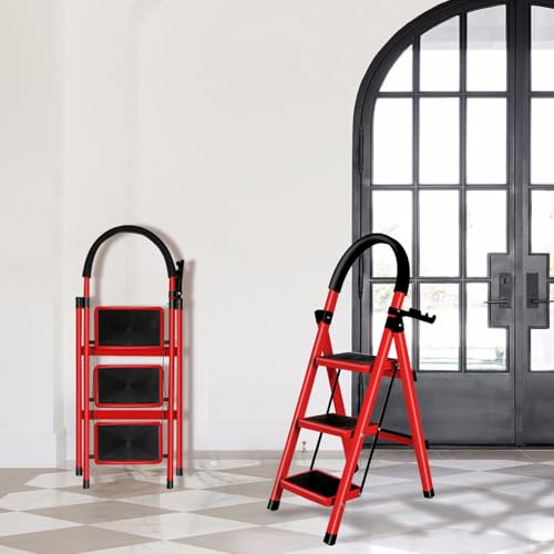 Scaletta domestica a 3 gradini in alluminio con mani correnti, 150 kg, scala in alluminio, scala multifunzione per casa e ufficio, 104 x 57 x 41,5 cm, 3 gradini (rosso)