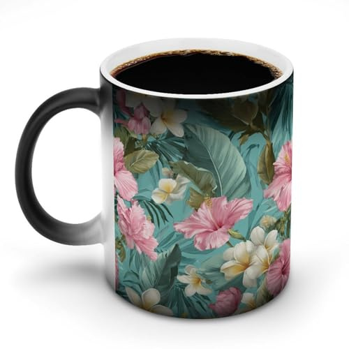 Jubonexis Taza de café de cerámica con diseño de flores tropicales rosas y blancas sobre turquesa que cambian de color, taza de café novedosa divertida taza de té y agua, 325 ml