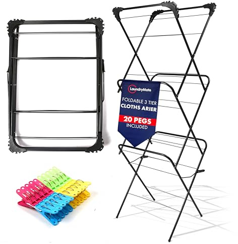 Laundry Mate 3-Tier Clothes Airer with 20 Pegs – Foldable Laundry Drying Rack with Non-Slip Feet - Durable Steel Frame, Extra Large Drying Space - Ideal For Indoor & Outdoor (Black)