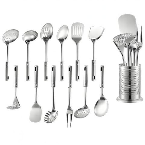Premium Set of 13 Stainless Steel Kitchen Tool Set with Holder Easy to Clean, Space Saving, Great for Cooking, Baking Prepping