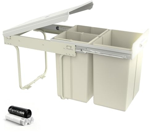 Soontrans Cubo de Basura Cocina Extraible, Cubo Basura Extraible Bajo Fregadero con Guías Telescópicas, Tapa, 1 x 20 L +2 x10 L Contenedores de Reciclaje, Acero y plástico, Fácil Montaje (Blanco)